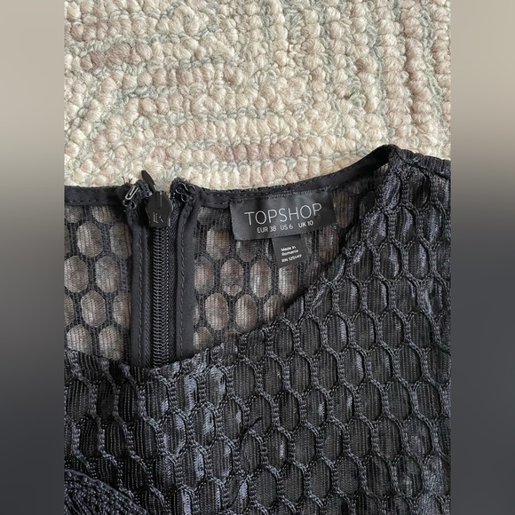 TopShop Mini Black Dress with Mesh Asymmetrical Neckline and Fringe Bodice - Picture 4 of 7